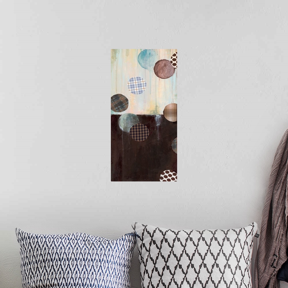A bohemian room featuring Abstract painting of brown and cream with circular shapes in plaid patterns overlapping.