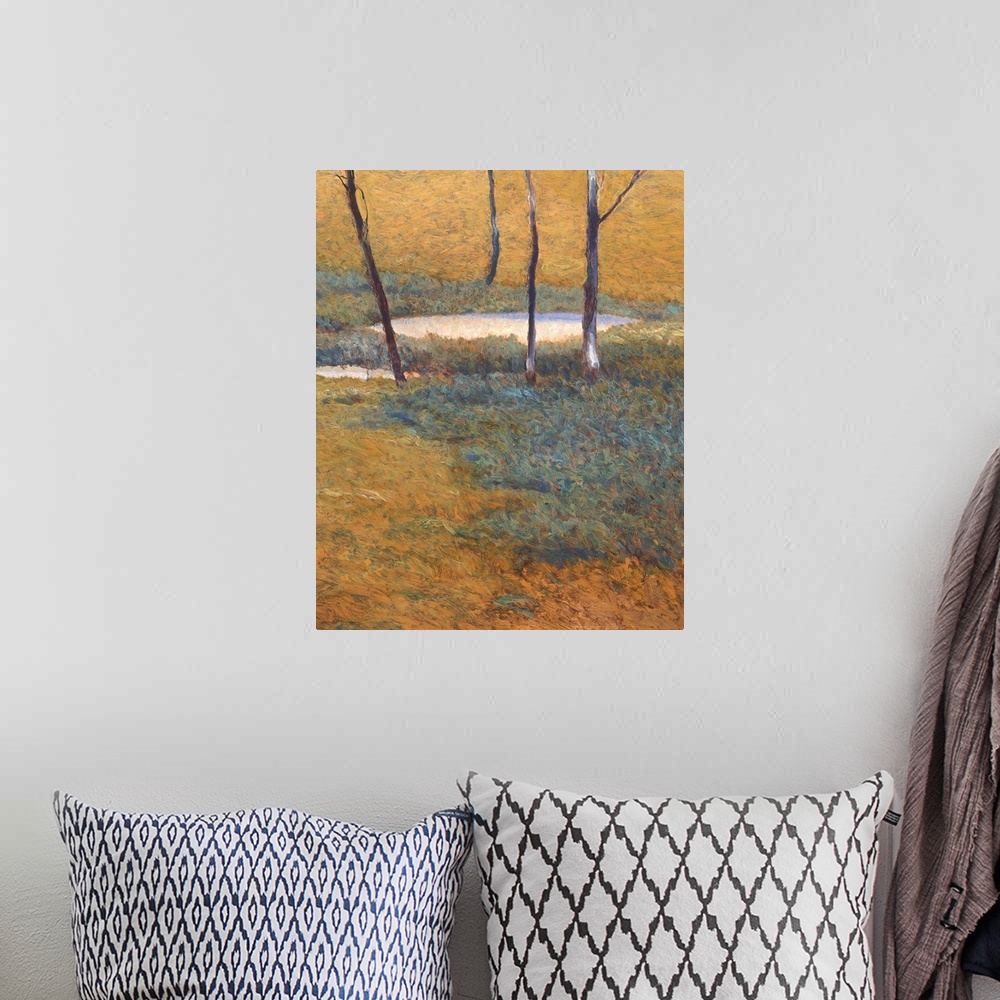 A bohemian room featuring Vertical painting of a small pond surround by thin trees done with small, short brush strokes.