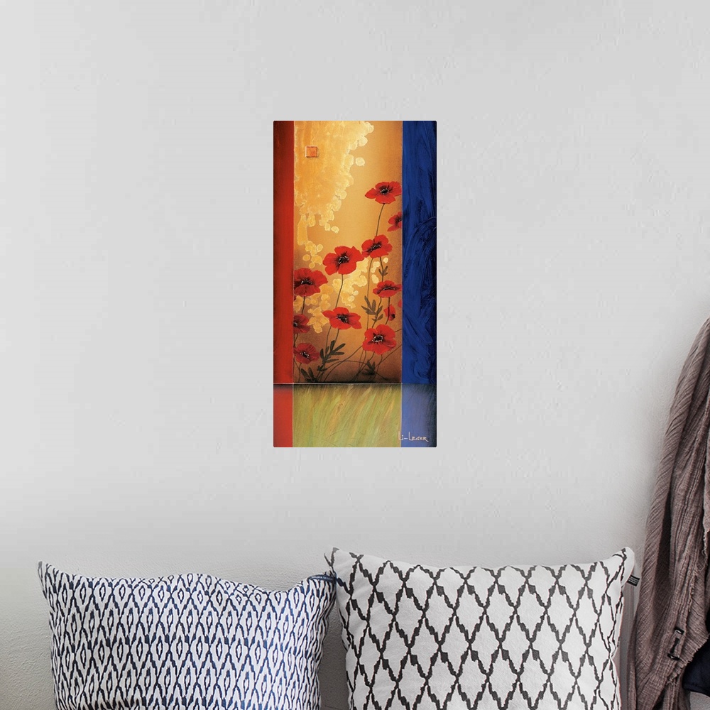 A bohemian room featuring A contemporary painting with red poppies bordered with a square grid design.