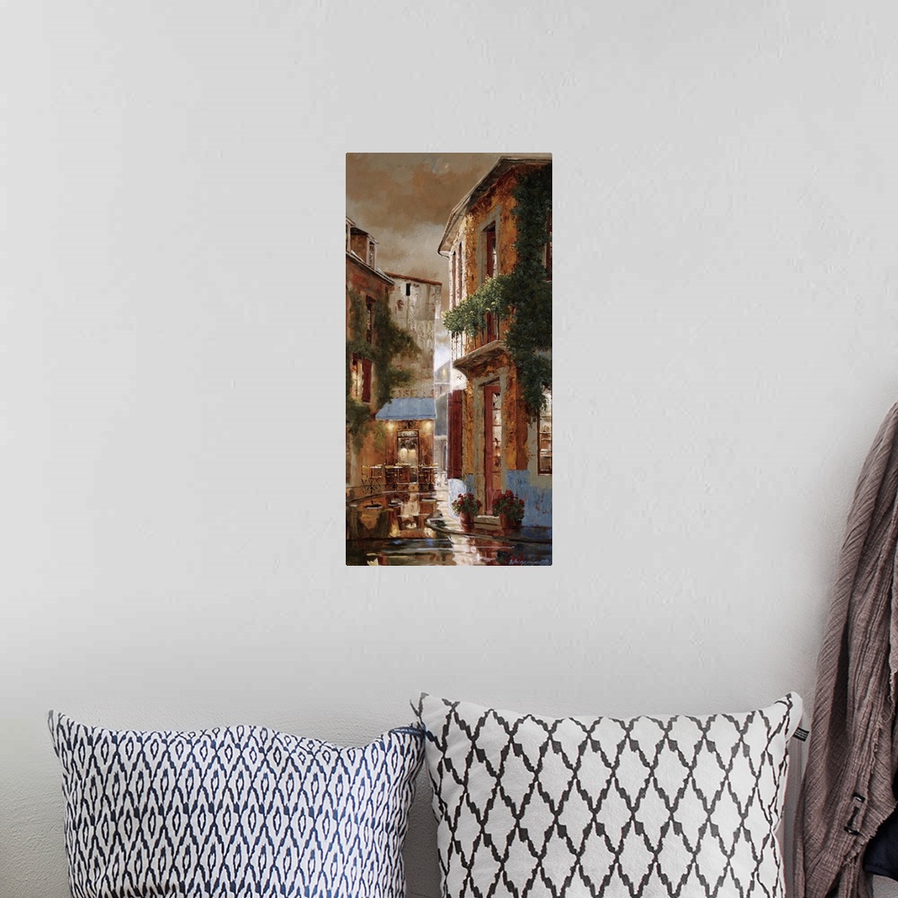 A bohemian room featuring Alley in a European village on a rainy evening.