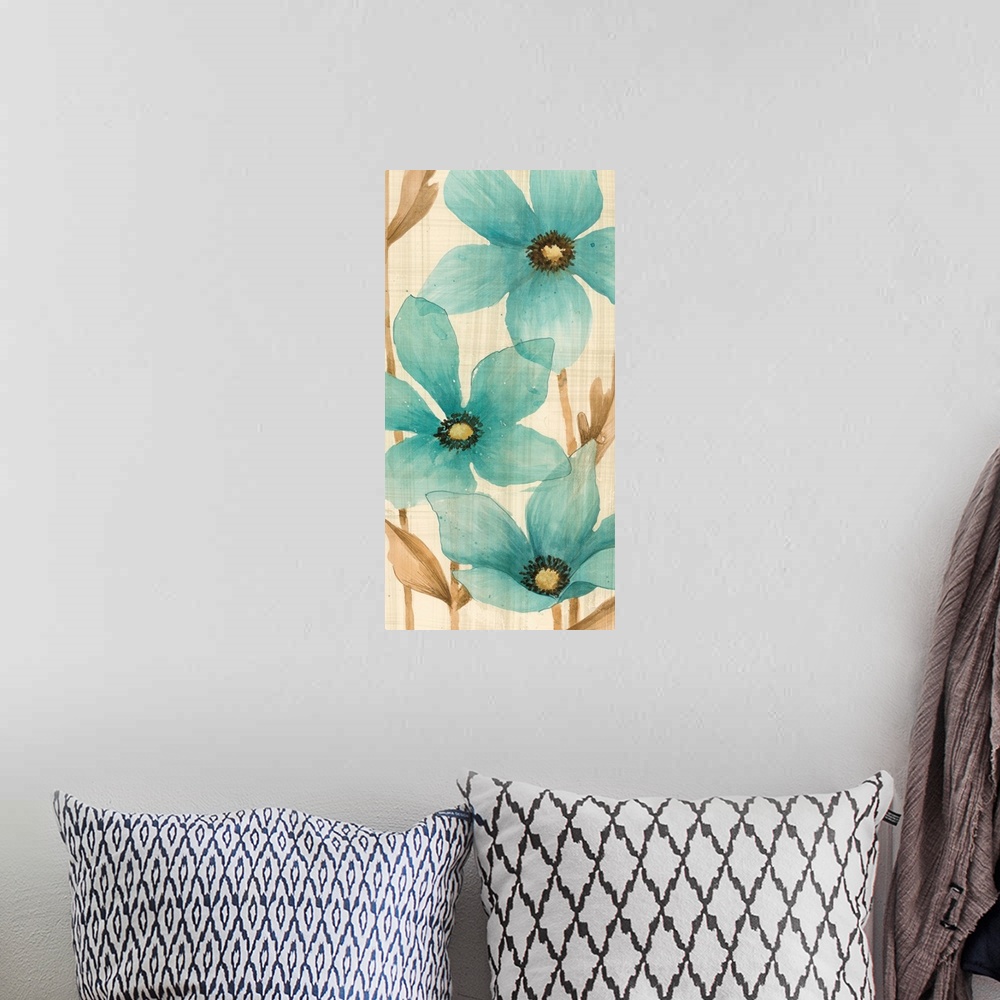 A bohemian room featuring Vertical watercolor painting of a group of blue flowers against a neutral backdrop and light gray...