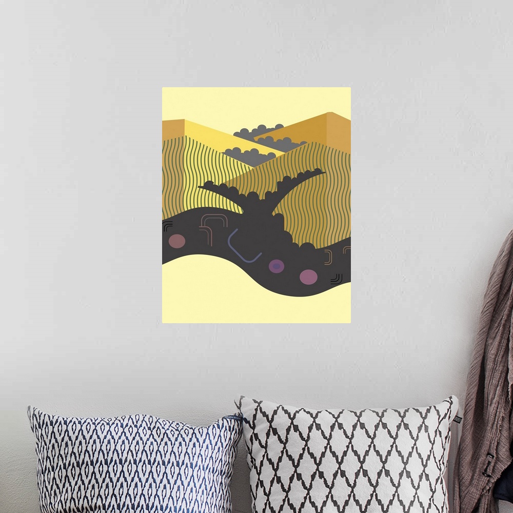 A bohemian room featuring Abstract and geometric illustration of California beach and background hills.