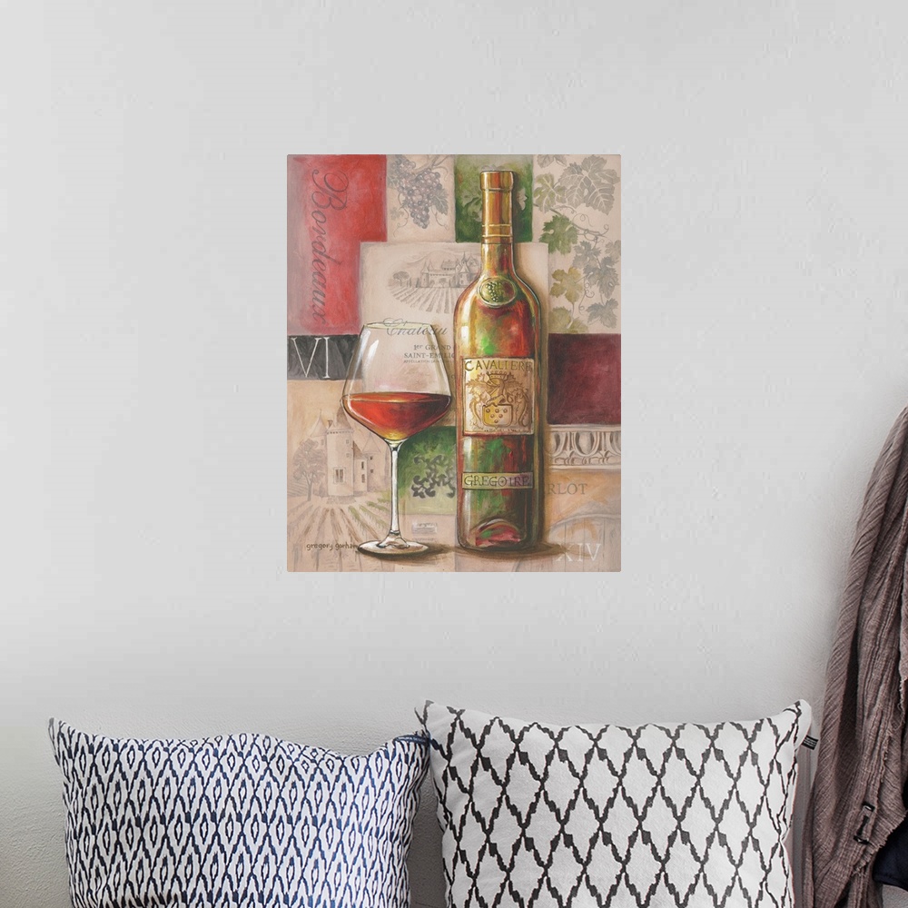 A bohemian room featuring Classic wine tableau scene adds an elegant touch to a dining room kitchen or study.