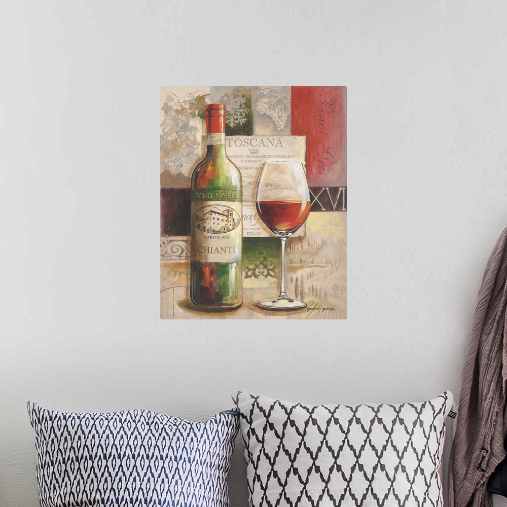 A bohemian room featuring Classic wine tableau scene adds an elegant touch to a dining room kitchen or study.