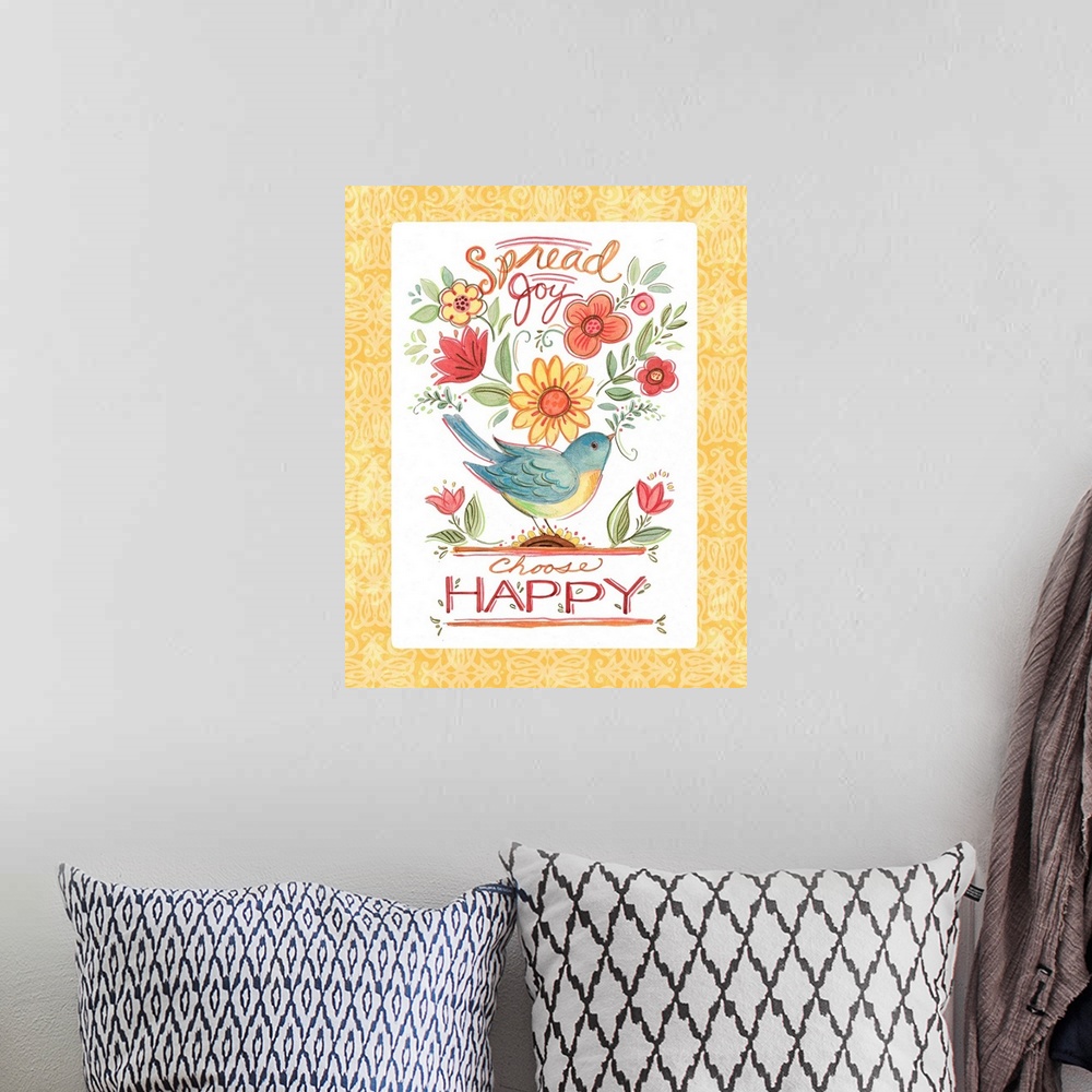 A bohemian room featuring Charming folk-styled art reminds us how to start each day!  Choose Happy!