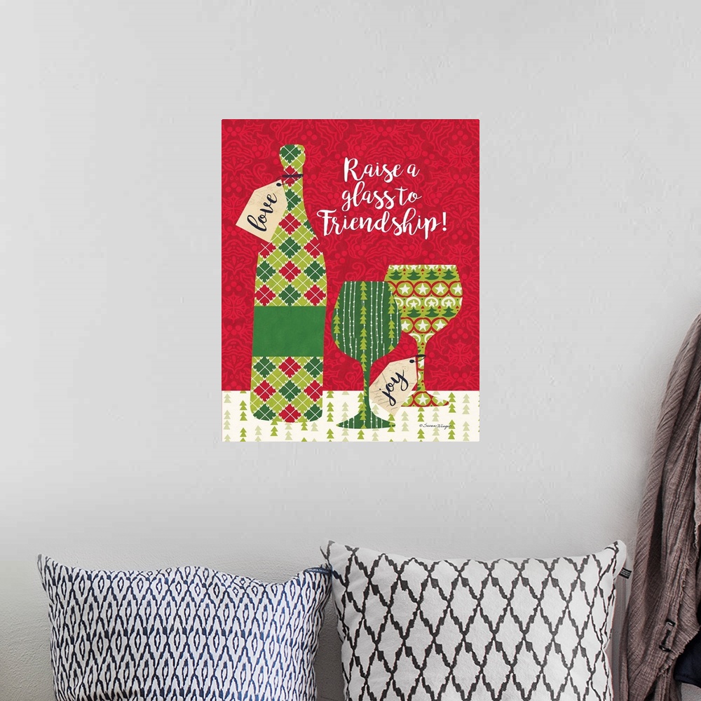 A bohemian room featuring Bright Christmas colors and wine motifs say a big Cheers to the Holiday!
