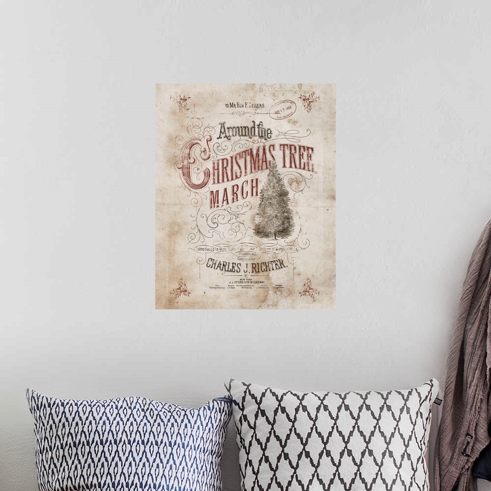 A bohemian room featuring This vintage reproduction of Christmas music captures the nostalgia of the holiday.