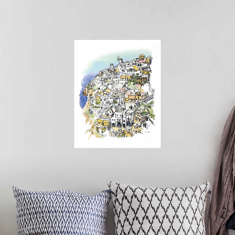 A bohemian room featuring A lovely pen and ink depiction of a hilltop coastal village.
