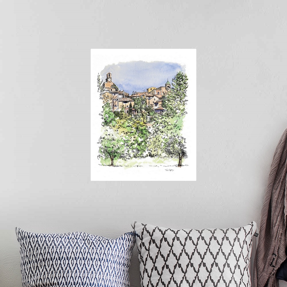 A bohemian room featuring A lovely pen and ink depiction of a countryside European village.