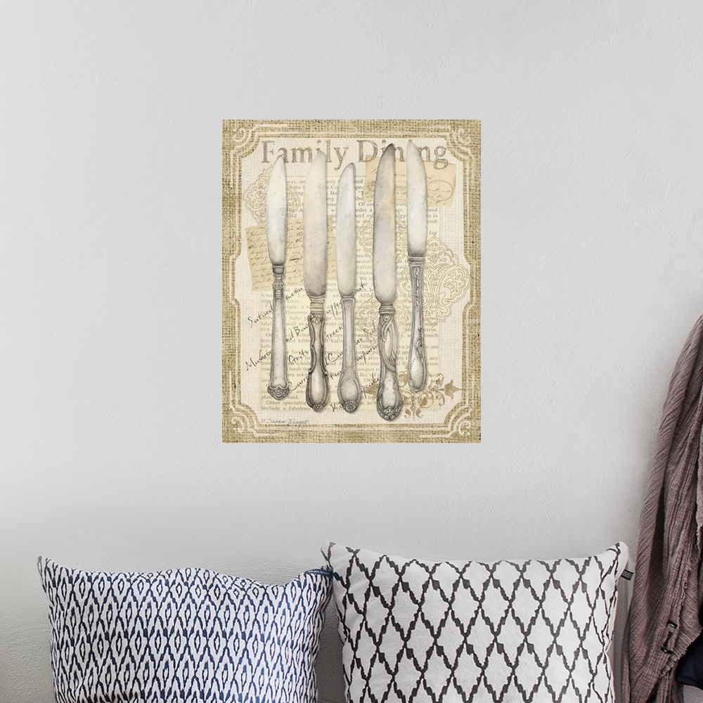 A bohemian room featuring Vintage flatware on burlap in sophisticated montage, perfect for dining room or kitchen