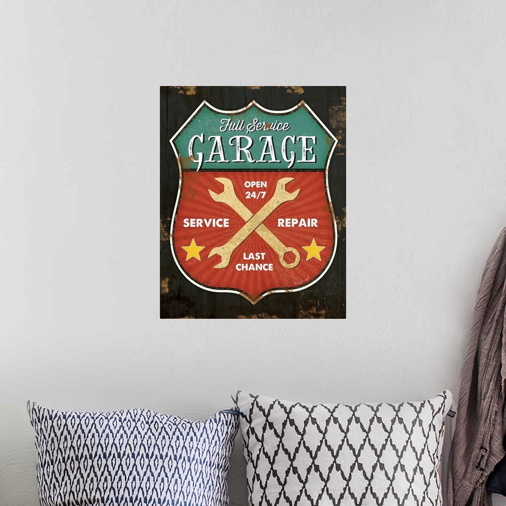 A bohemian room featuring A digital illustration of a full service garage sign with an antique appearance.