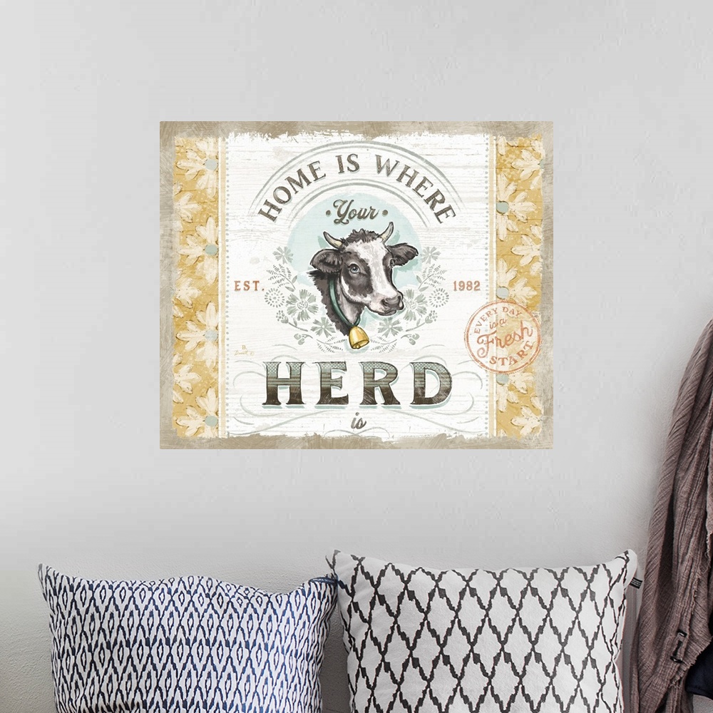 A bohemian room featuring Vintage farmhouse signage of the ever-popular cow evokes a classic country style