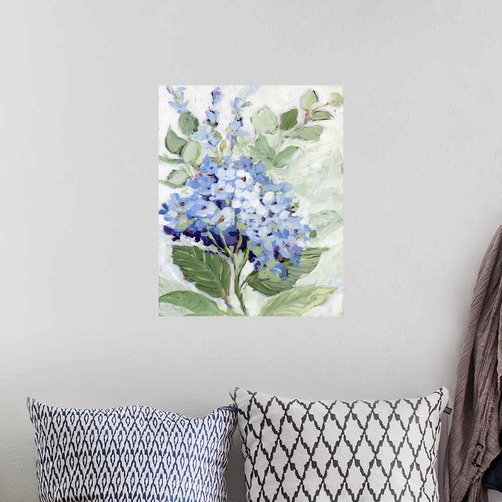 A bohemian room featuring This striking hydrangea blossom adds a dramatic statement to any room