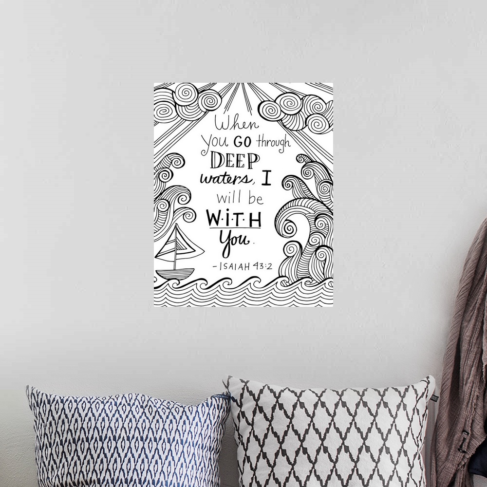 A bohemian room featuring Bible verse, Isaiah 43:2, with a boat on the ocean and tall waves.
