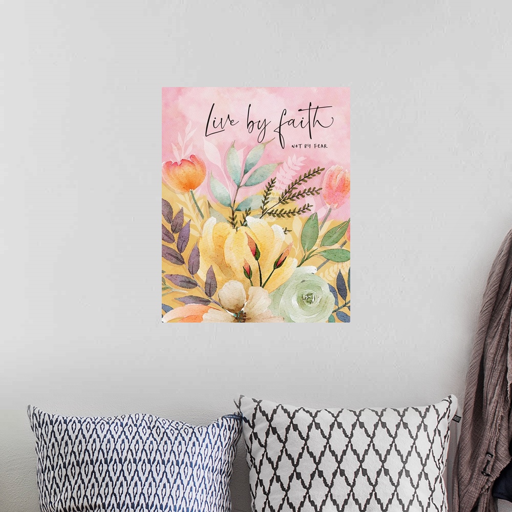 A bohemian room featuring Warm colors awash this floral art, accented with heart-touching sentiments.