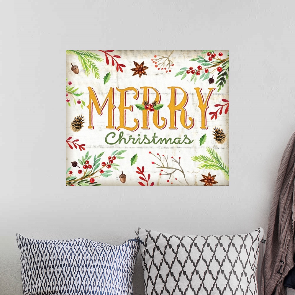 A bohemian room featuring Festive handlettered sign reading "Merry Christmas", decorated with holly, pine branches, acorns,...
