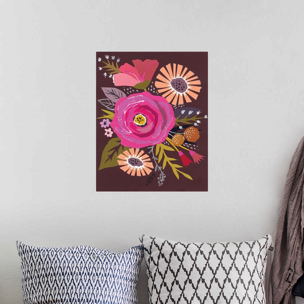 A bohemian room featuring Strikingly clean shapes define this colorful floral image.