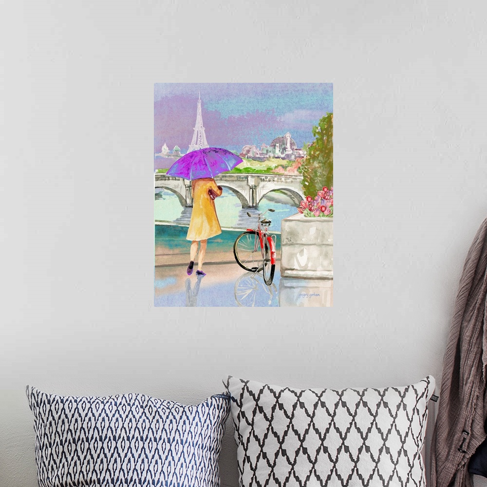 A bohemian room featuring A delicate watercolor scene evokes a rainy romantic Paris in the spring.