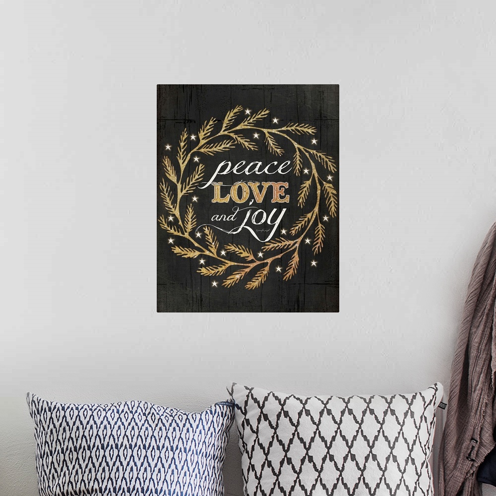 A bohemian room featuring Christmas themed contemporary handlettered artwork.