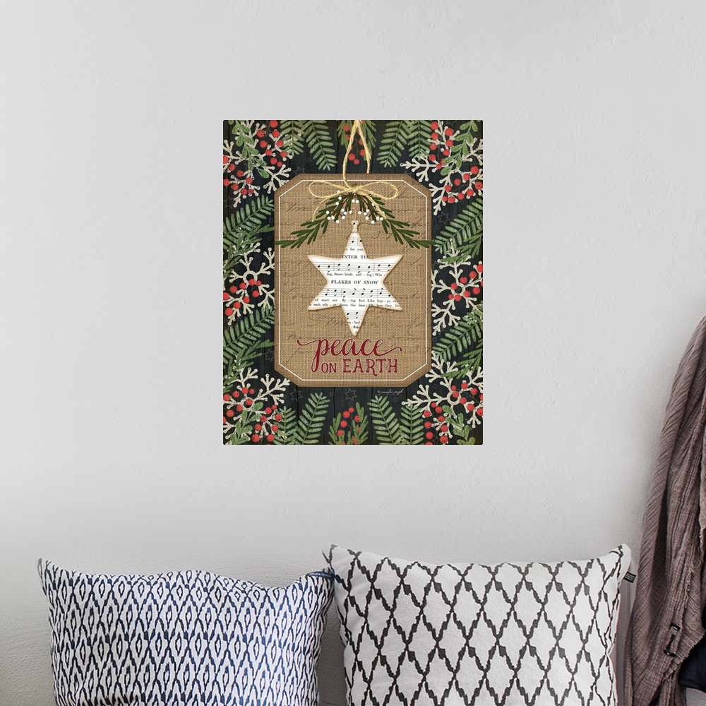A bohemian room featuring Christmas decor featuring a star of david cut out of sheets of music and the words, "Peace on ear...
