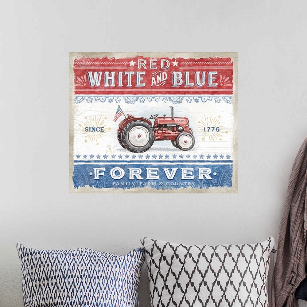 A bohemian room featuring Vintage farmhouse signage of a vintage tractor evokes a classic country style