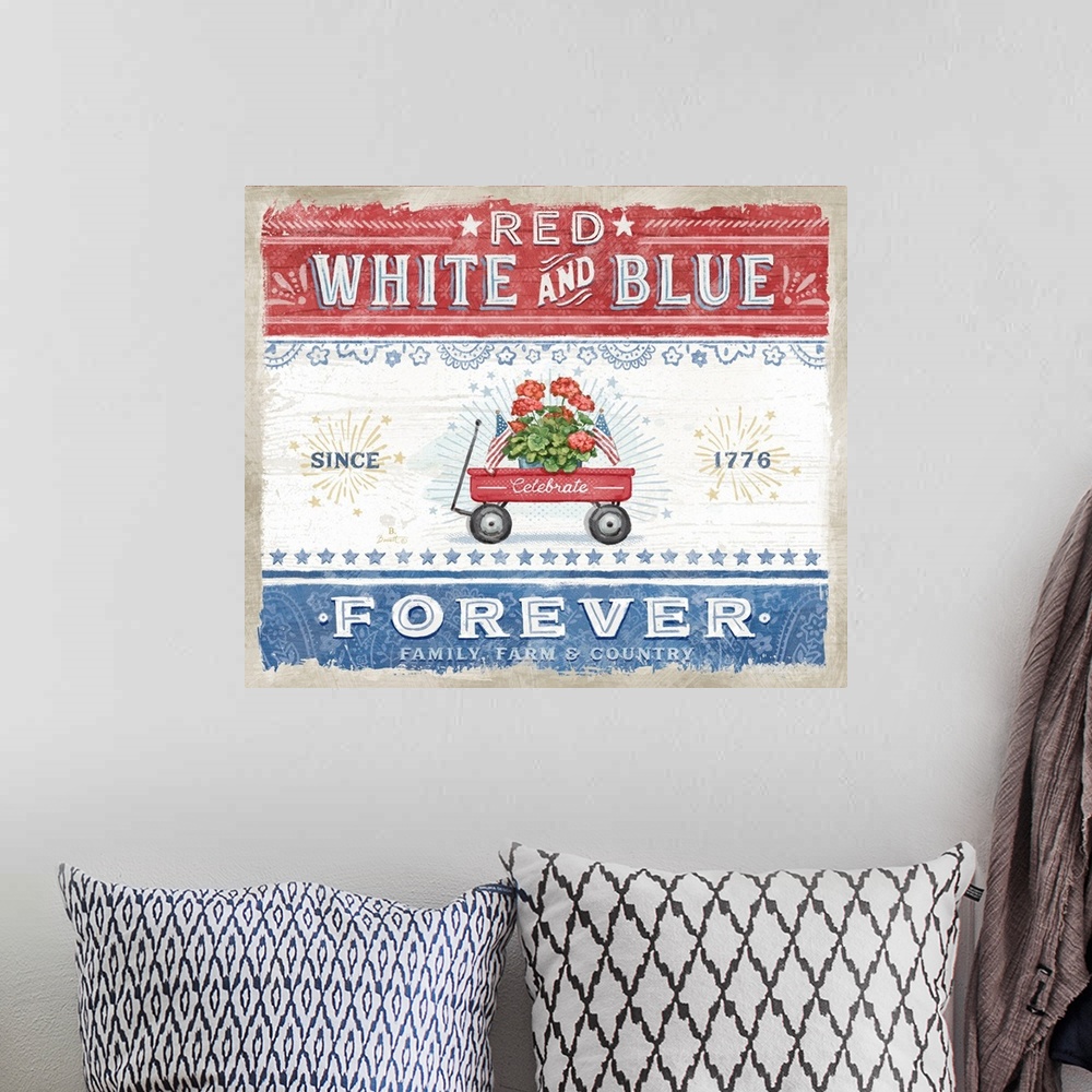 A bohemian room featuring Vintage farmhouse signage of a nostalgic wagon evokes a gentle country style