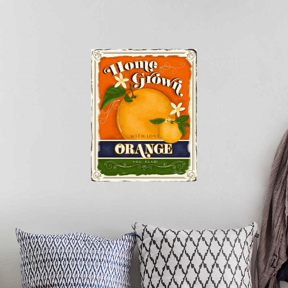 A bohemian room featuring Retro fruit signage in a bright and fruity color palette