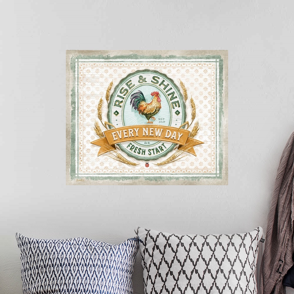 A bohemian room featuring Vintage farmhouse signage of the proud rooster evokes a sophisticated country style