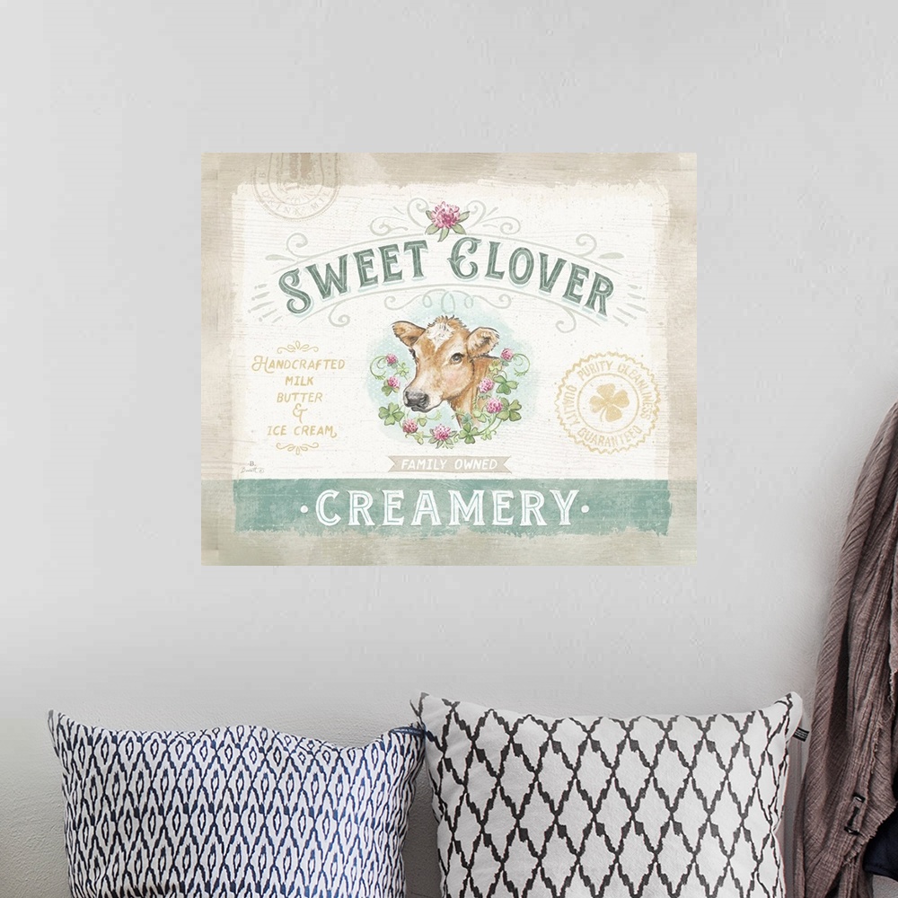 A bohemian room featuring Vintage farmhouse signage evokes sophisticated country style