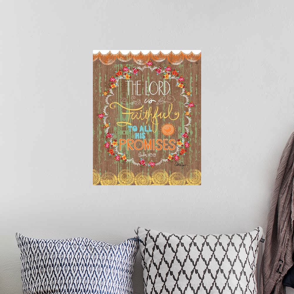 A bohemian room featuring Inspirational Christian message delivered in a bold and iconic piece of art.
