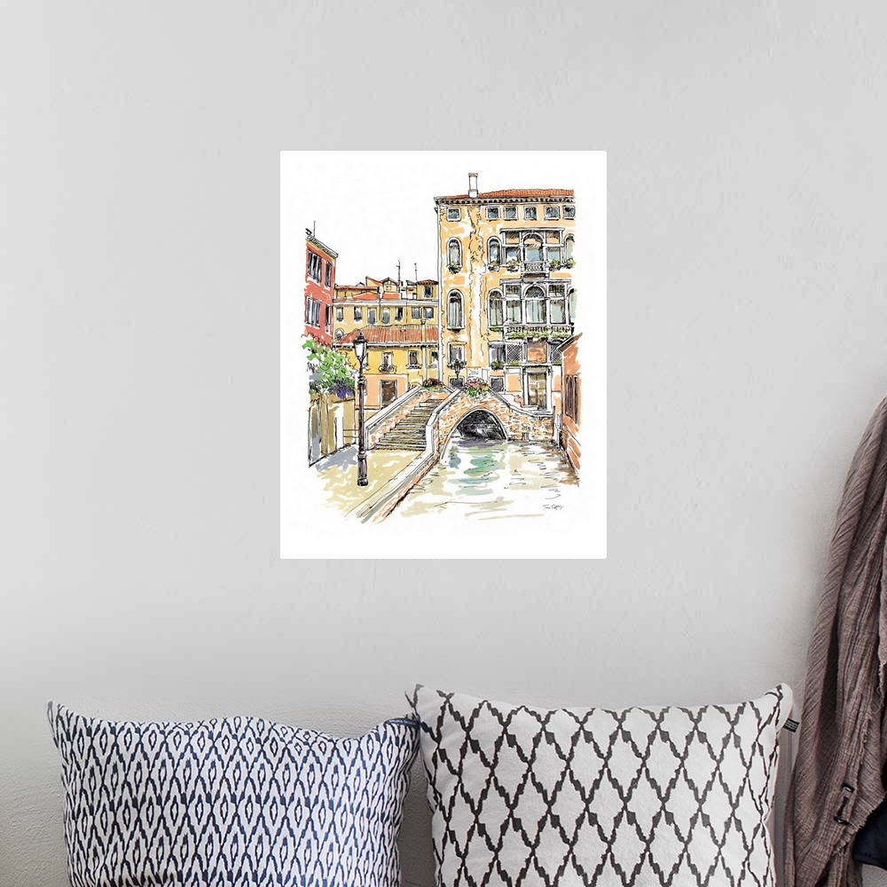 A bohemian room featuring A lovely pen and ink depiction of a Venetian bridge and canal.