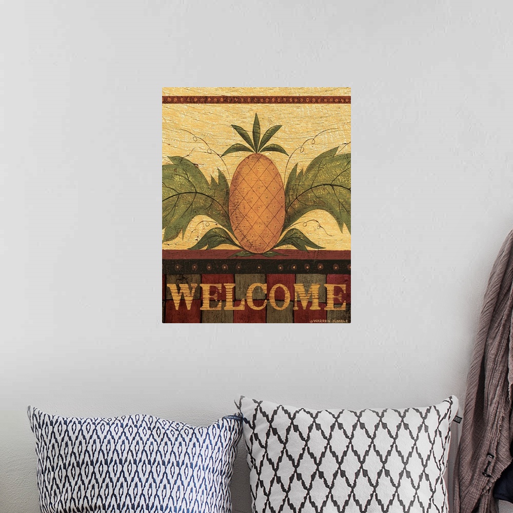 A bohemian room featuring Americana pineapple, symbol of hospitality, by renowned folk artist Warren Kimble