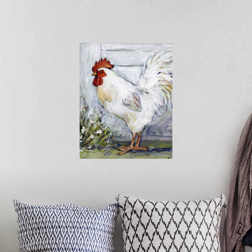 A bohemian room featuring This white rooster struts his stuff in this bold abstract farm scene.