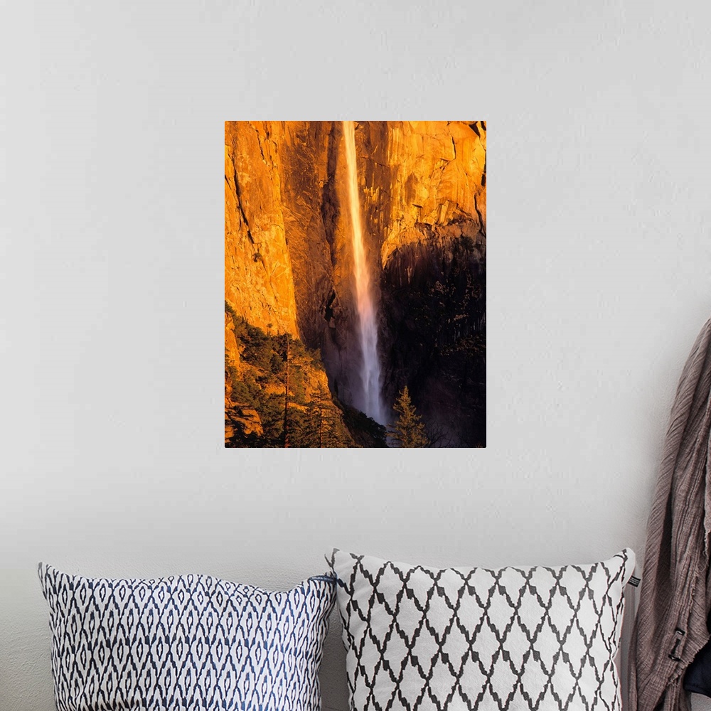 A bohemian room featuring California, Yosemite National Park. Bridal Veil Falls follows a narrow path down the valley wall ...
