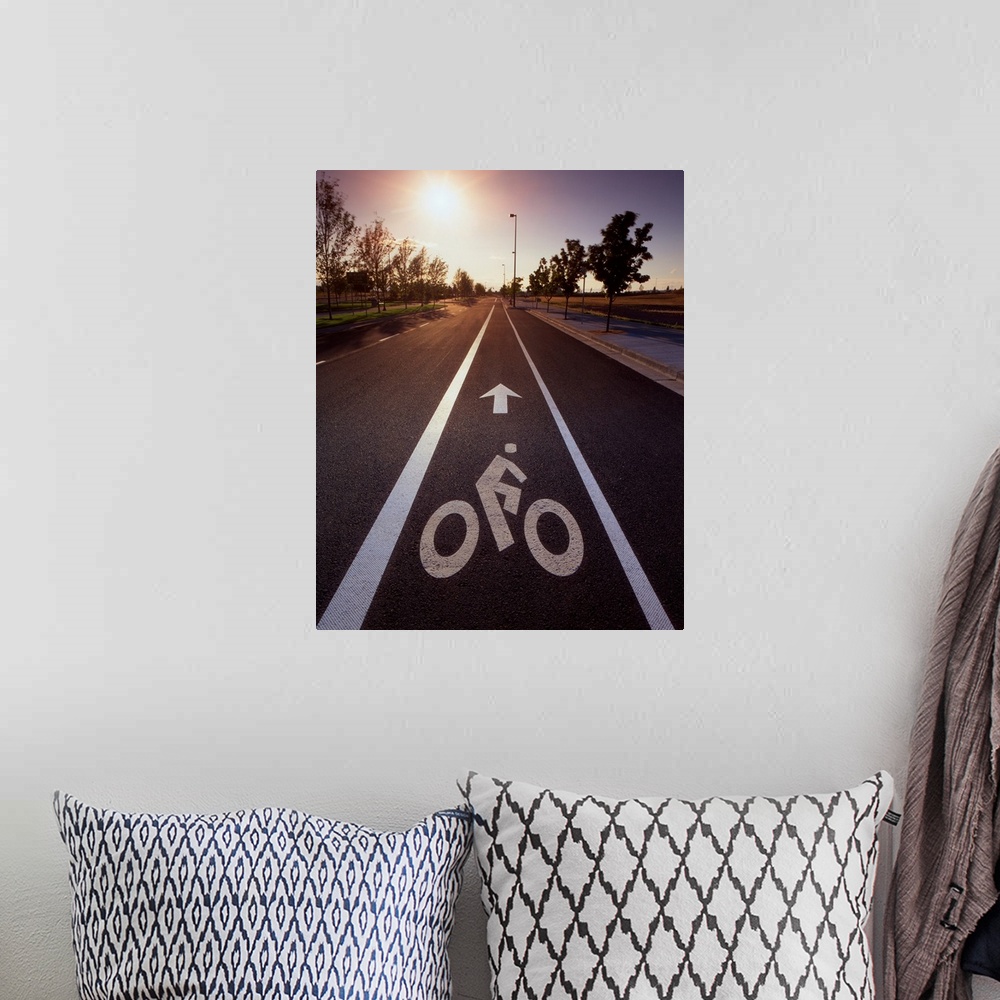 A bohemian room featuring USA, Oregon, Portland. Bike rider sign on street.