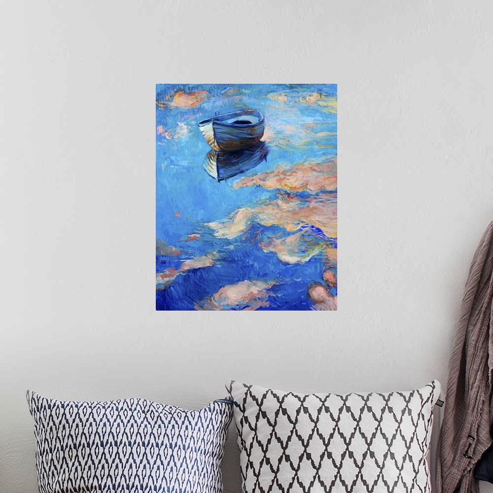 A bohemian room featuring Originally an abstract oil painting of a boat.