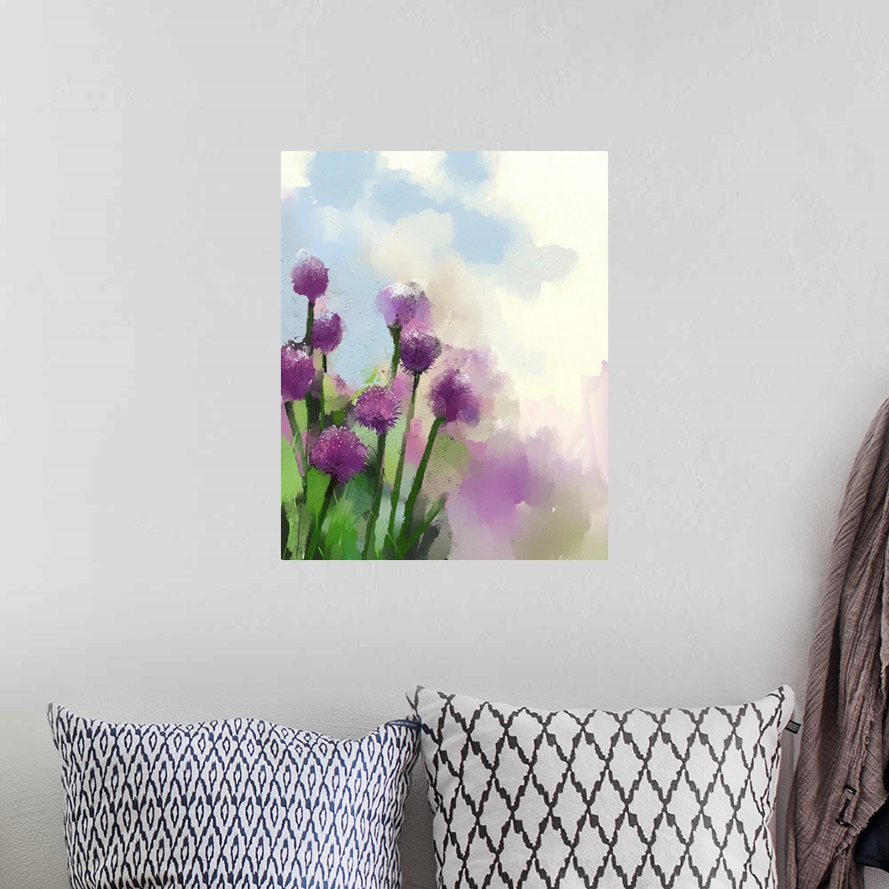 A bohemian room featuring Purple onion flowers, originally an oil painting.