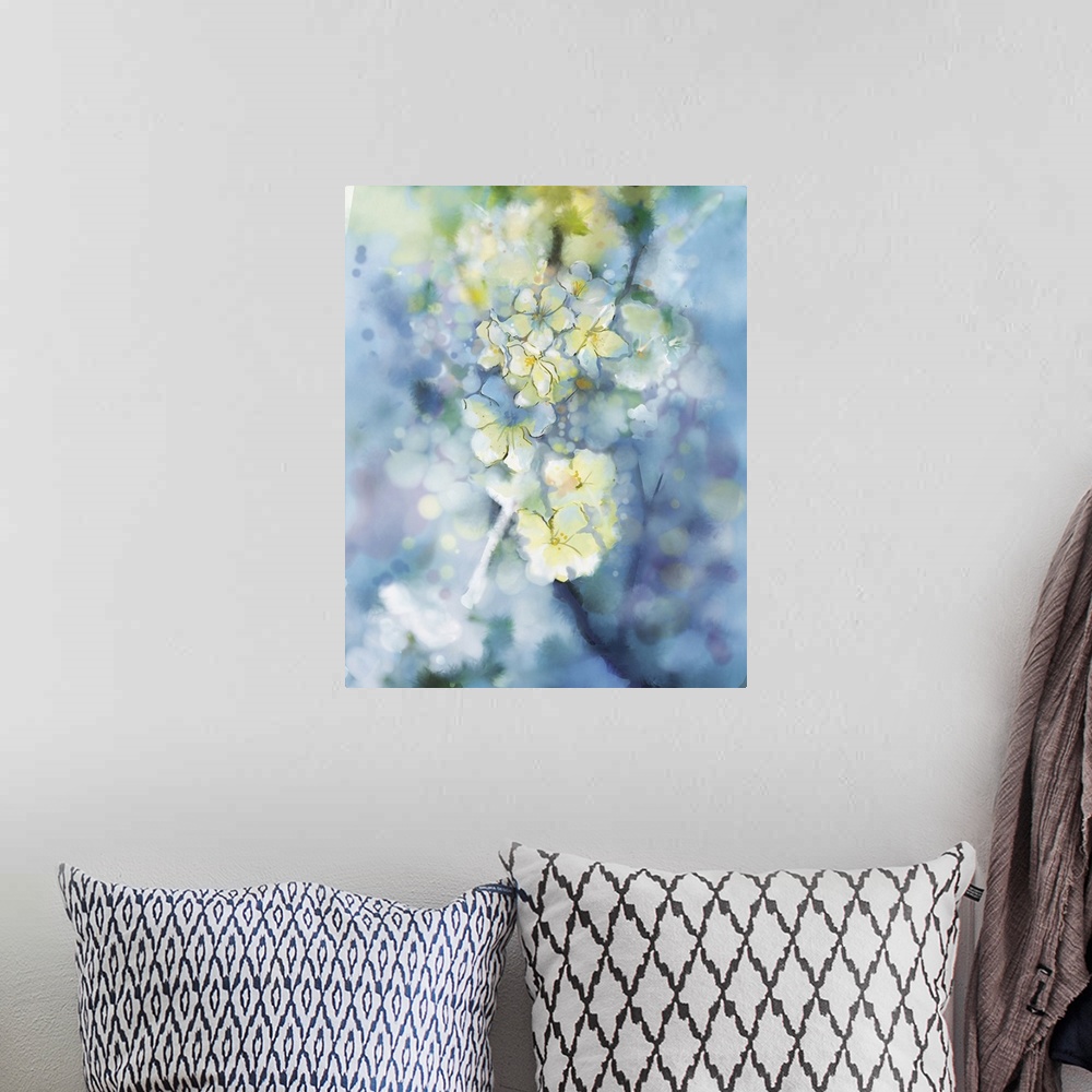 A bohemian room featuring Originally an abstract watercolor painting of a white apricot tree. Flowers in soft colorful and ...