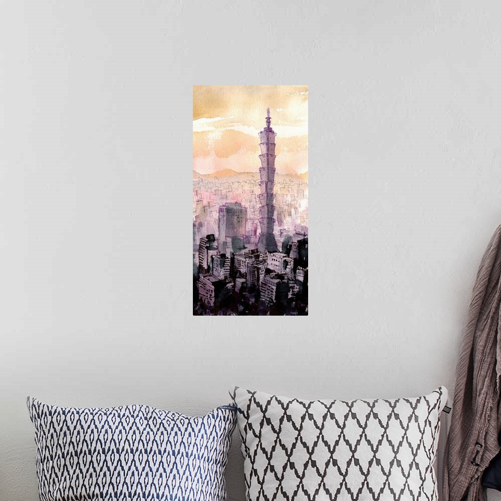A bohemian room featuring The tiers of Taipei 101 emerge from a vast shadowy skyline.
