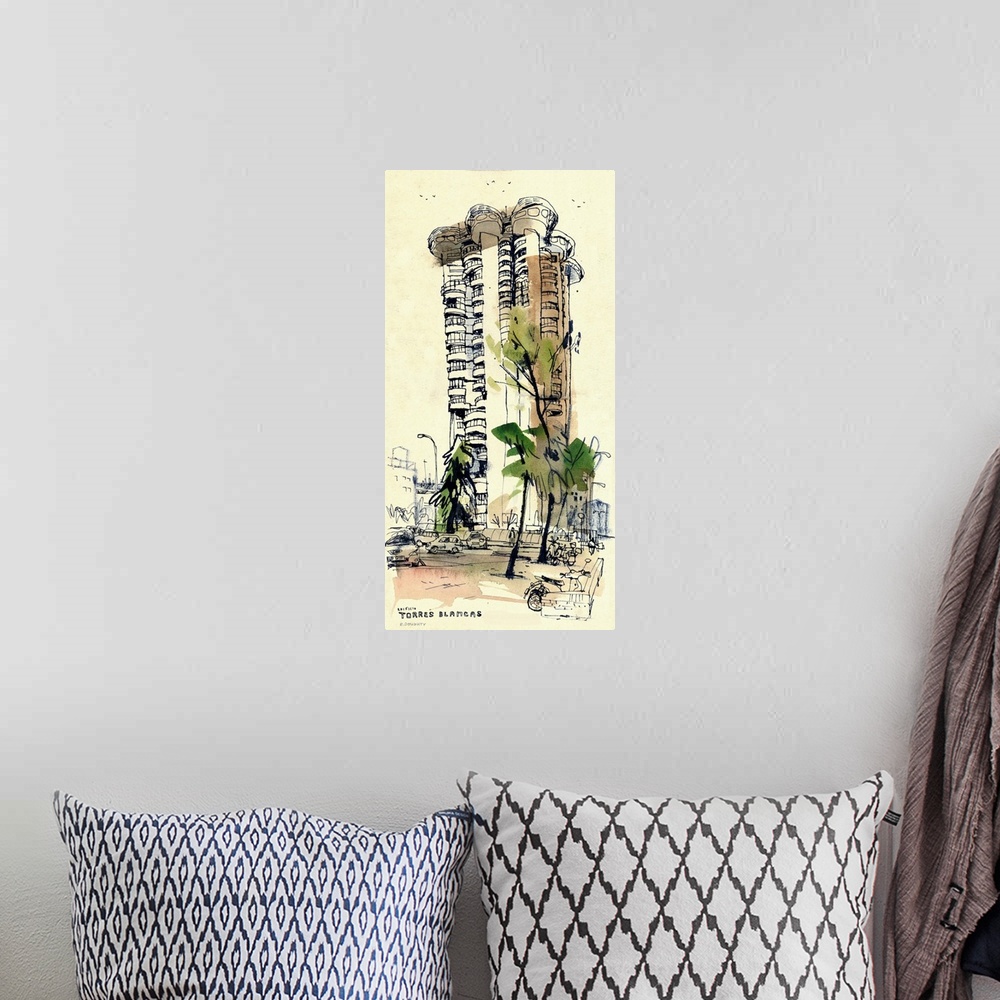 A bohemian room featuring The spines of this featured tower in Madrid are layered with balconies. It is an iconic piece of ...
