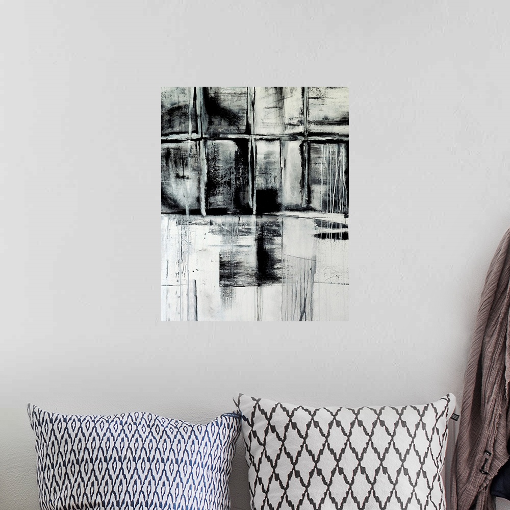 A bohemian room featuring Black and white contemporary abstract art, painted roughly in squares, resembling grungy warehous...