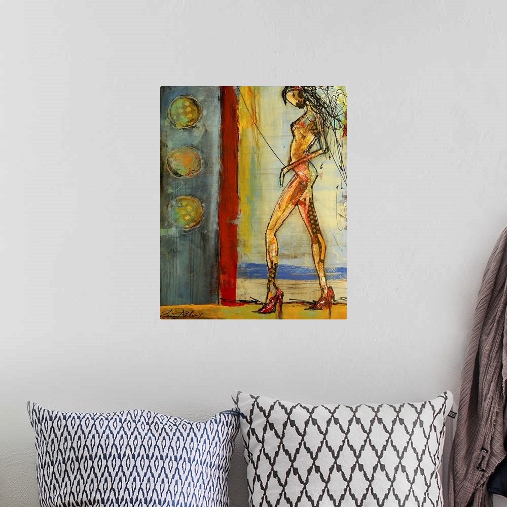 A bohemian room featuring Contemporary artwork of a tall slender woman in heels with different styles of art used to create...