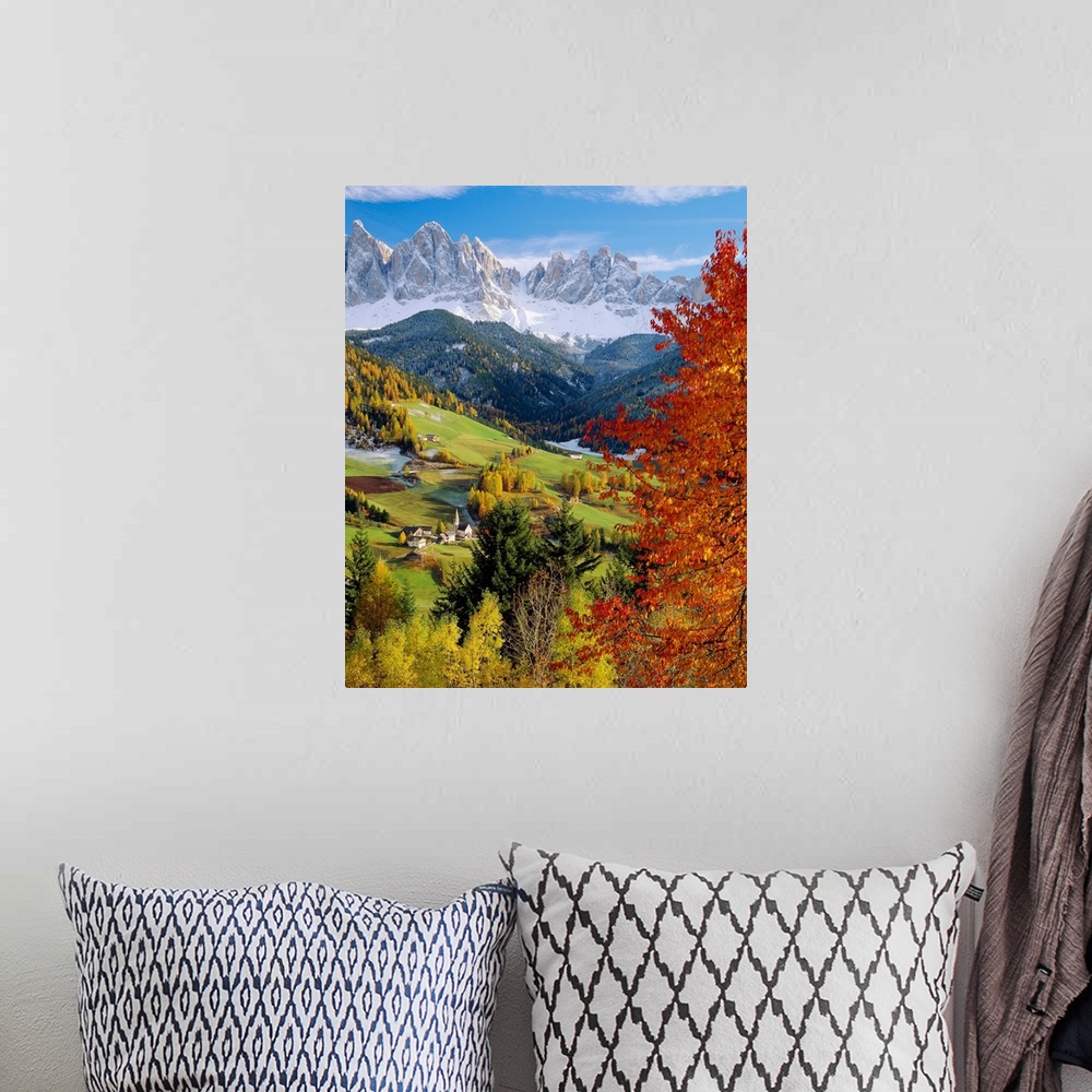A bohemian room featuring Italy, Dolomites, Val di Funes, Santa Maddalena village and the Odle Range