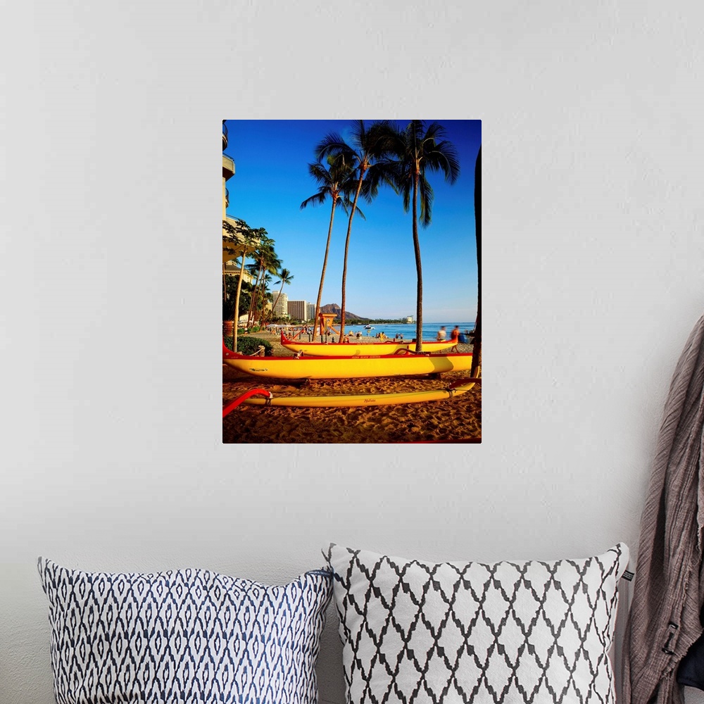 A bohemian room featuring United States, Hawaii, Waikiki beach, boats on sand, Diamond Head in background
