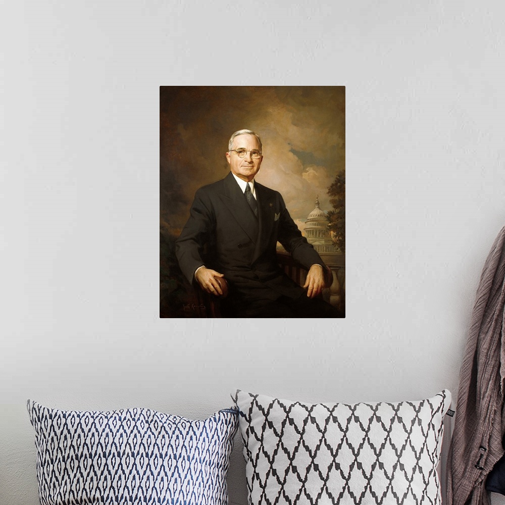 A bohemian room featuring 1948 Portrait Of Harry Truman Painted By Greta Kempton.