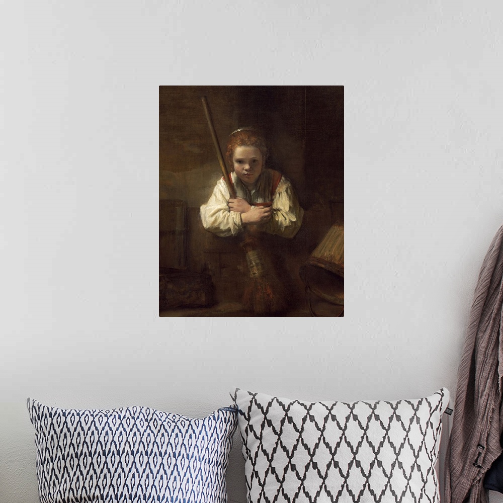 A bohemian room featuring A Girl with a Broom, by Rembrandt's workshop, 1651, Dutch painting, oil on canvas. A young girl, ...