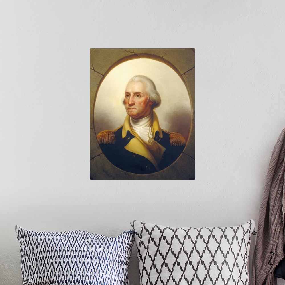 A bohemian room featuring George Washington, by Rembrandt Peale, c. 1850, American painting, oil on canvas. Over two decade...