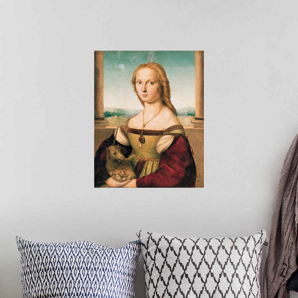 A bohemian room featuring Portrait of a Young Woman (Lady with a Unicorn), by Raffaello Sanzio, 1505 - 1506, 16th Century, ...