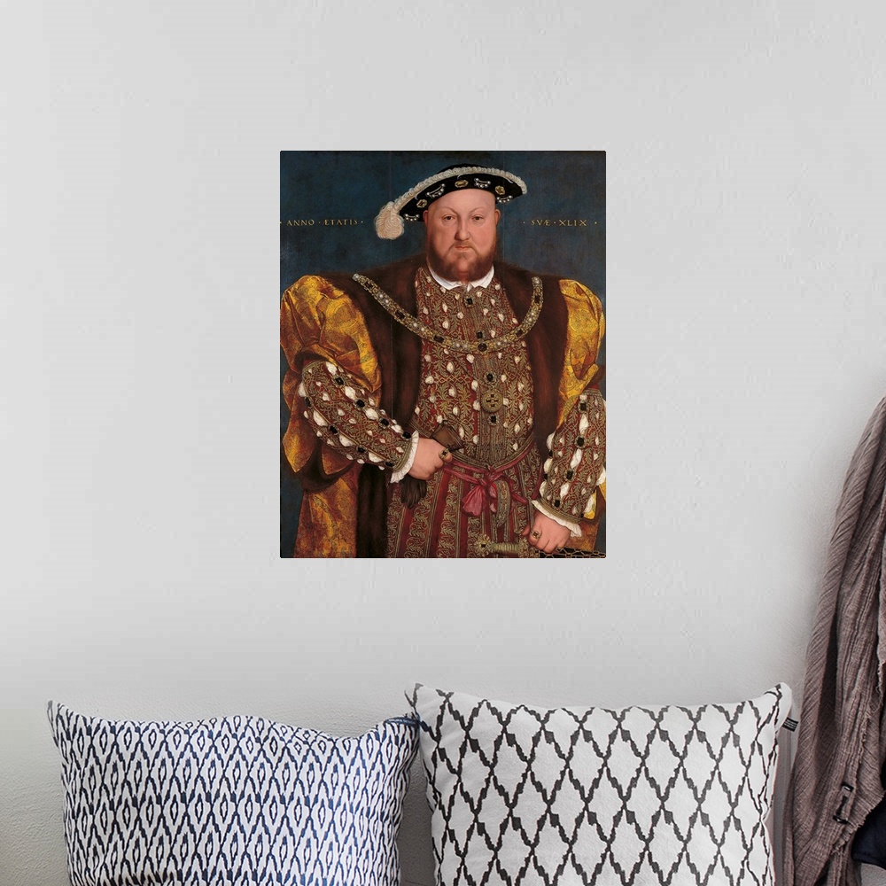A bohemian room featuring Portrait of Henry VIII, by Hans il Giovane Holbein, 1539 - 1540 about, 16th Century, oil on panel...