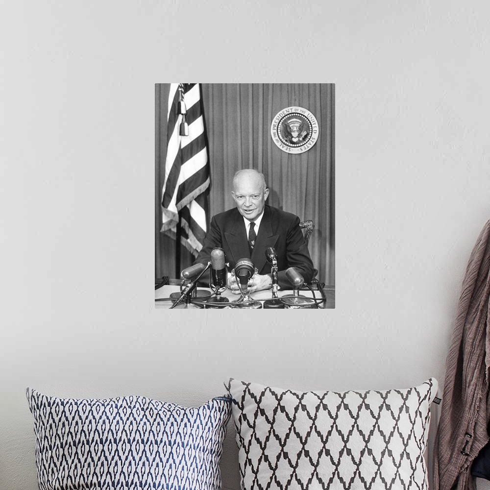 A bohemian room featuring President Eisenhower recording a message for the Committee for Religion in American Life, Inc. Oc...